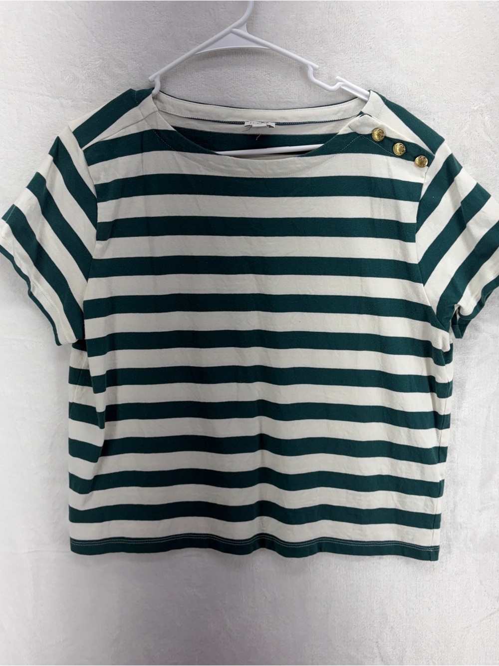 J. Crew Factory Green and White Striped Short-Sleeve Tee with Gold Buttons
